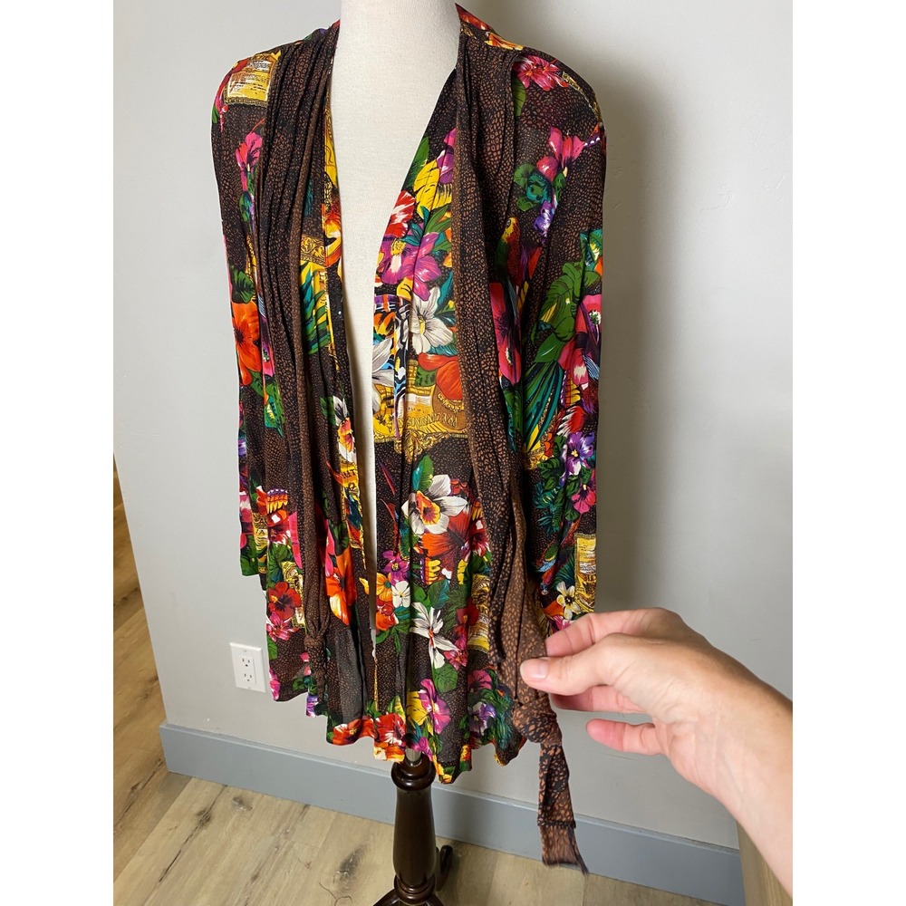 Vintage Carole Little Tropical Parrot Floral Sheer Wrap Cardigan Size 6 90s - Picture 3 of 7